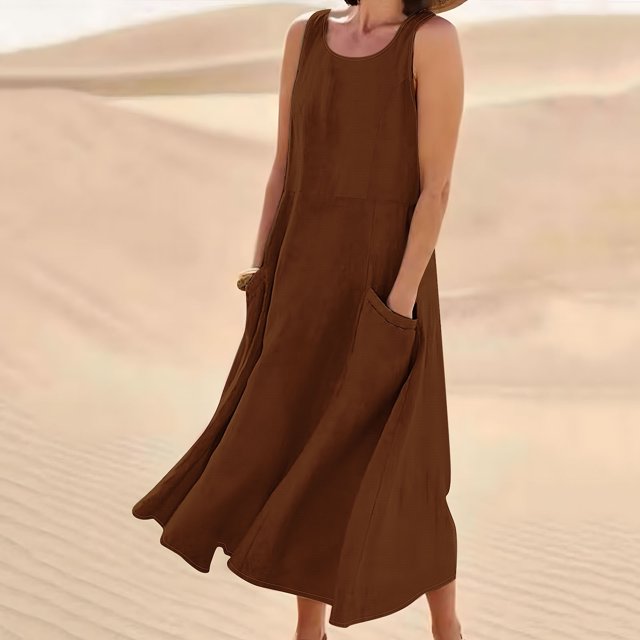Jsaierl Robe Femme en Coton et Lin Été Sans Manches Robe d'Été Tunique Débardeur Robe de Plage d'Été Fluide Robes Maxi avec Poches