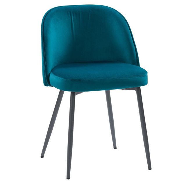 CorLiving Ayla Velvet Upholstered Single Indoor Side Chair with Steel Legs featuring a curved silhouette and padded velvet seat and back in a deep blue shade, supported by tapered matte grey metal legs with leveling feet, blending mid-century and contemporary glam style, ideal for dining or accent use.