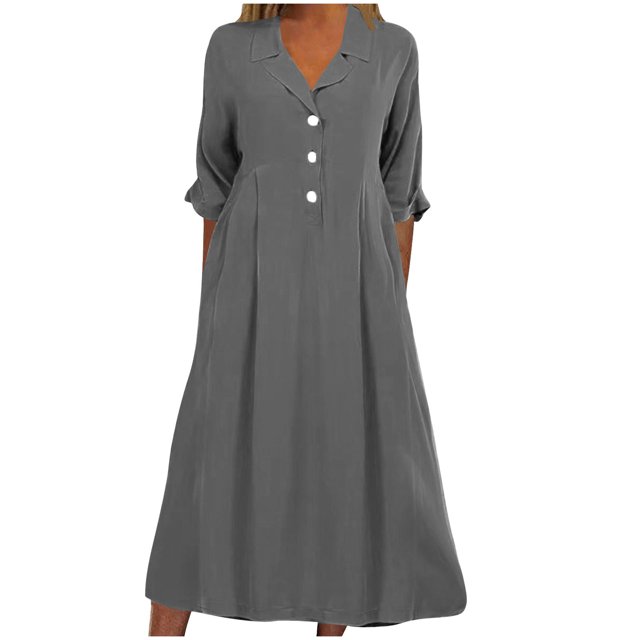 Pisexur Robes d'Automne pour Femmes Col Rabattu Manches 1/2 Robe Maxi Mode Élégante Couleur Unie Robes de Retour à la Maison Décontractées Fluides Col en V Boutonnée Robe de Cocktail