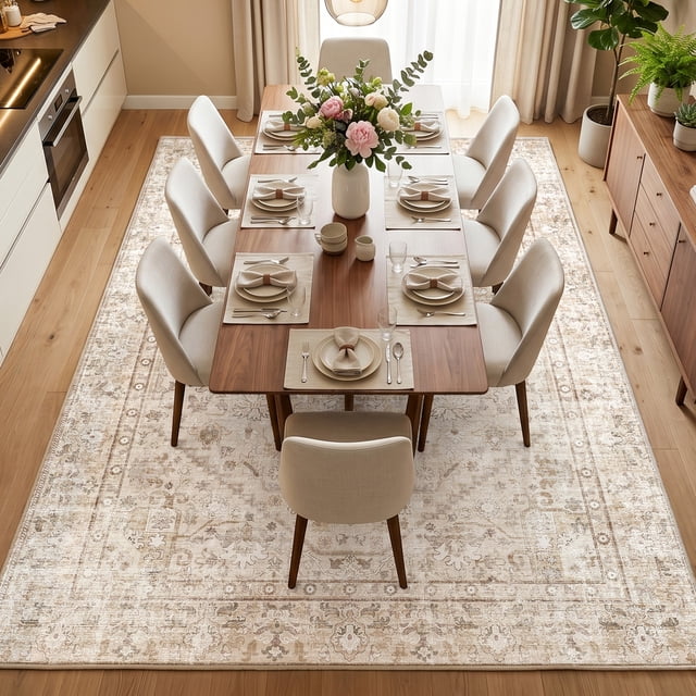 Exenoray Washable Bohemian Rug, Non-Slip Low Pile Printed Carpet, Faux Cashmere Surface, Coffee Brown 9*12