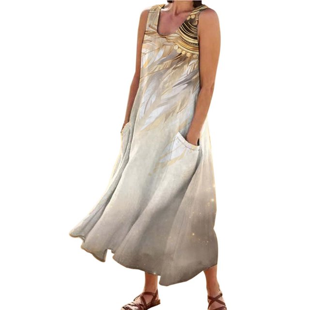 TJAZFJPA Robes d'Anniversaire pour Femmes Mode pour Femmes Col Rond Décontracté Imprimé Pissenlit 3D Sans Poignets Poche Longue Robe Débardeur Robe Décontractée Robe Formelle Femmes Longues Courtes Robes pour Femmes