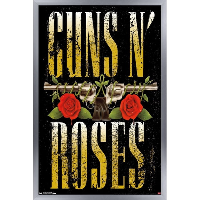 Guns N' Roses - Stacked Logo Wall Poster, 22.375" x 34" with two silver revolvers crossed horizontally and wrapped in green vines, flanked by red roses with green leaves on a black background. Distressed yellow text reads 'GUNS N' above and 'ROSES' below. Ideal for home décor and dorm rooms.