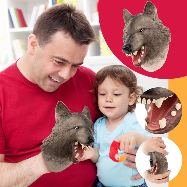 as show Realistic Wolf Hand Puppet Soft Rubber Toy For Kids Role Play, Stretchy Expressions, Safe And Odor-Free