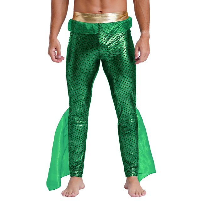 TiaoBug Mens Metallic Shiny Mermaid Flare Pants Ruffled Tulle Trims Fishscale Print Tights Leggings Green 4XL