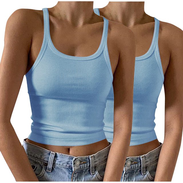 Timegard Camisoles 2 Pcs pour Femmes Col Rond Côtelé Sans Manches Ajusté Court Haut Décontracté Sortie Camis