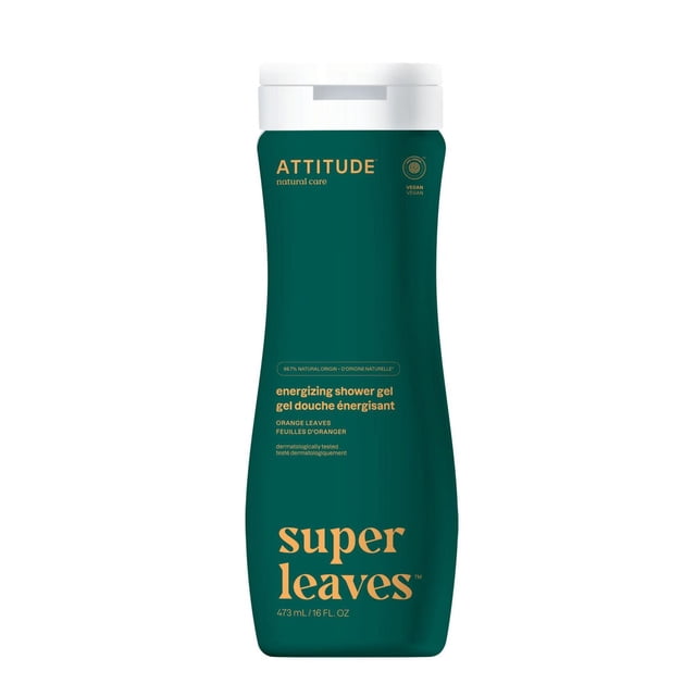 ATTITUDE super leaves gel Douche, 473 ml, dans une Bouteille Vert Foncé avec Bouchon à Clapet Blanc, avec Texte orange Qui Met en Valeur Sa Formule Énergisante aux Feuilles d'Oranger, certification Végane, et Ingrédients Naturels Testés Dermatologiquement pour les Soins du Bain et de la Douche.