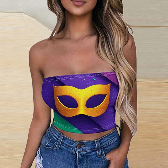 TIMIFIS Mardi Gras Femmes Bustier Tube Court Hauts Grande Taille Mode Carnaval Imprimé Sans Manches Fête des Fêtes Hauts