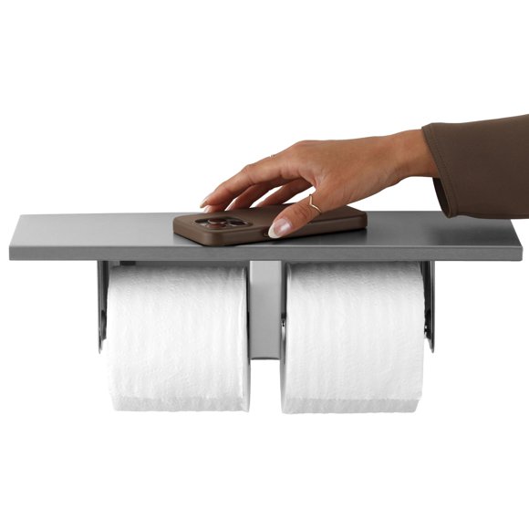 Bobrick Toilet Tissue Dispenser with Utility Shelf, Surface-Mounted, Satin-Finish Stainless Steel, Holds Two Standard Rolls, Dual Roll Capacity, Idea