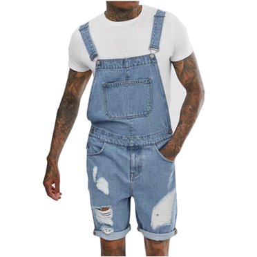 Men's Summer Ripped Denim Bib Overalls Casual Relaxed Fit Distressed Jeans Jumpsuit with Pockets Lounge Trousers
