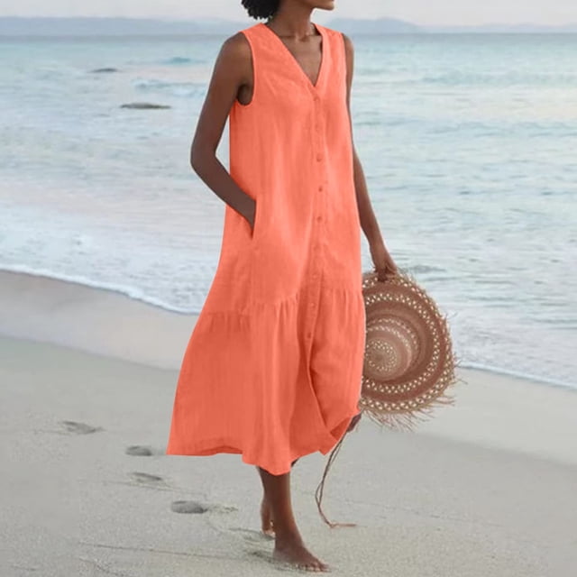Meichang Robe Femme en Coton et Lin Décontractée à Boutons pour le Travail et le Bureau, Robes d'Été à Col en V, Longue Robe Unie Sans Manches Style Camisole. une Robe Sans Manches, à Col en V, en Coton et Lin à Boutons, de Couleur Corail Unie, avec une Jupe maxi à Étages et des Poches Latérales. Parfaite pour les Sorties Estivales Décontractées, les Promenades à la Plage Ou des looks d'Inspiration Bohème, Assortie à un Chapeau de Paille Tressé.