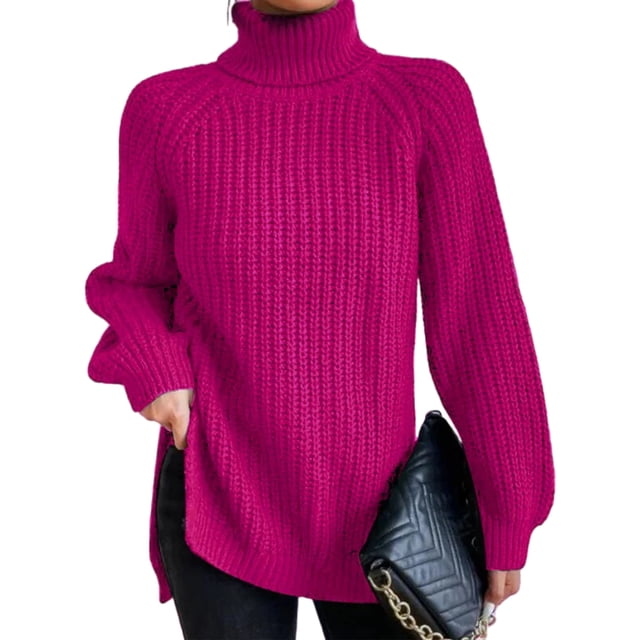 Innerwin Chandails à Col Roulé pour Femmes, Chandail de Travail à Manches Longues, Chandails Tricotés Amples, Rose Rouge G