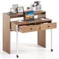 thumbnail image 1 of Costway Bureau d'Ordinateur Roulant Extensible de 39,5 Pouces avec Tablette pour Moniteur, Surface à 2 Niveaux, 2 Tiroirs, Naturel, 1 of 10
