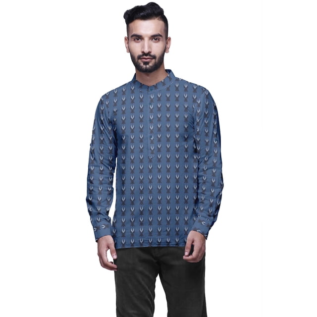 Atasi Kurta en Coton à Manches Longues à Revers pour Hommes Col Mandarin Chemise Ethnique Imprimée