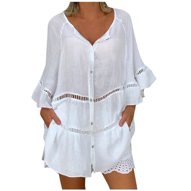 Birdeem Womens Short Sleeve Plus Size Solid Hollow Out V-Neck Pullover Tops Shirt