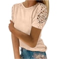thumbnail image 2 of EQWLJWE Hauts pour Femmes 2023 Été Femmes Dames Uni Manches Courtes Col Rond Chandail à Enfiler Hauts en Dentelle Chemises Blouse Hauts pour Femmes Liquidation, 2 of 5