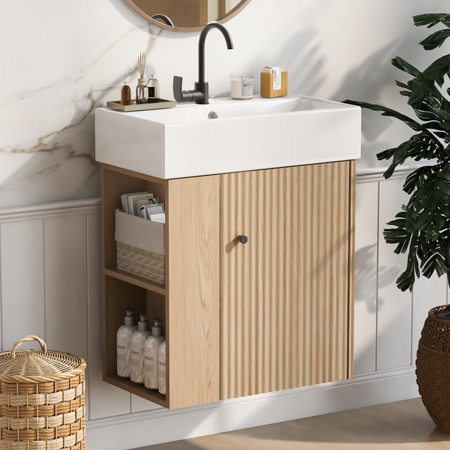 LHYY 21.6 inch Modern Floating Bathroom Vanity with Ceramic Basin - Perfect for Small Bathrooms,Left side storage