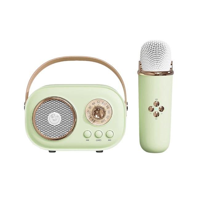 Mini Karaoke Machine pour Enfants et Adultes au style Rétro Portatif. Comprend un Haut-Parleur Bluetooth portable à Fini Vert pastel avec une Poignée Ton or et des Boutons de Commande, Assorti à un microphone Sans Fil Assorti. design Compact Mesurant 4,3 x 3,1 x 2 Pouces, Idéal pour une Utilisation Intérieure et Extérieure. Équipé d'Un Haut-Parleur 5W, d'Une Puce DSP pour l'Amélioration du Son et d'Une Connectivité Bluetooth pour des Expériences de Karaoké Polyvalentes. Convient aux Rassemblements, au Chant en Famille Ou comme Pièce Décorative d'Inspiration Vintage