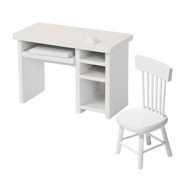 Bunblic 1/12 Mini Computer Desk and Chair Toy Painted Wood Office Desk and Chair Study Table and Chairs Model Set Accessory Kids Gift