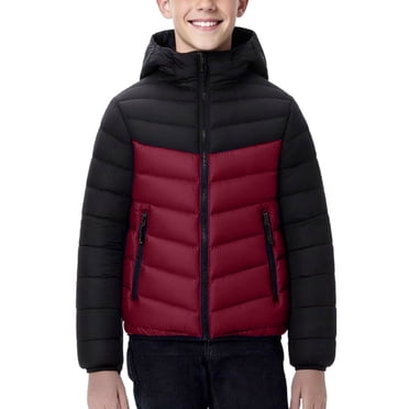 aohooy Boys Girls Winter Zip Up Hooded Puffer Coat Windproof Warm Quilted Fashion Color Block Pockets Jacket Outerwear Wine,12-13Years