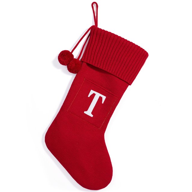 Christmas Knitted Stocking With Personalised Alphabet Letter Initial For Home Xmas Alphabet Red T