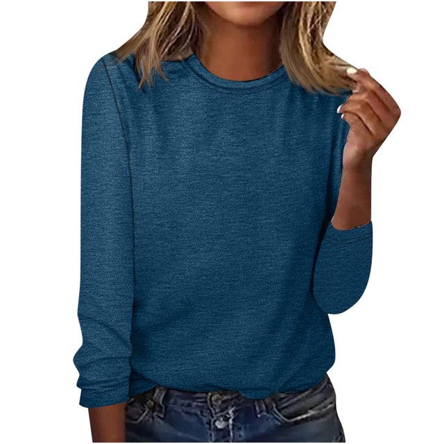 IROINID Deals T-Shirt à Manches Longues en Polyester pour Femmes Confortable Col Rond Uni T-Shirt Ample Blouse Tops, Marine