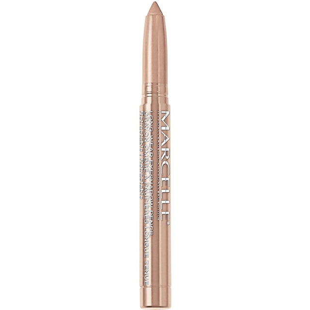 Marcelle Long-wear Eyeshadow Pencil in Glam Taupe with a creamy, waterproof formula, shown vertically with a smooth tip and metallic taupe barrel featuring white Marcelle branding, suitable for long-lasting wear and as a base to intensify eyeshadow colour.
