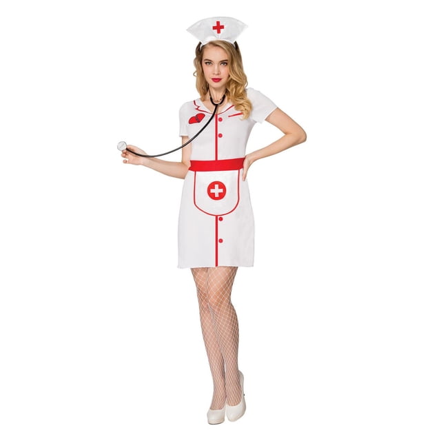 PARTYHOLIC NOT SO NICE NURSE COSTUME (LARGE) featuring a white short-sleeve belted dress with red trim, red buttons, and an attached apron with a red cross emblem. Includes a matching white nurse hat with a red cross, white fishnet stockings, and a black stethoscope, suitable for Halloween nurse costume events.