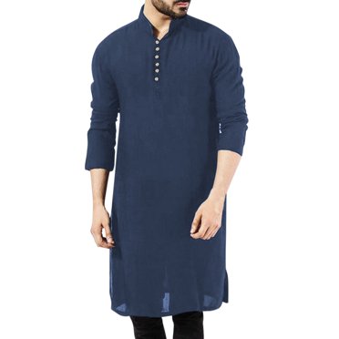 Men's Casual Top Thobe Solid Stand Muslim Robe Long Sleeve Button Casual Loose Jubba Thobe