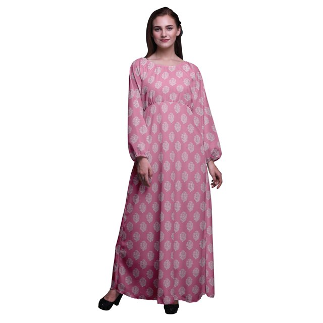 Bimba Robe Maxi à Manches Longues pour Femmes en Georgette Mousse à Imprimé Floral en Blocs, Taille Élastique - Grande