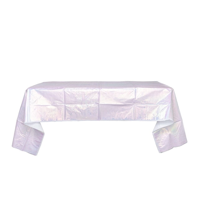 2 ply iridescent table cover measuring 96 by 52 inches draped over a rectangular table, featuring a shimmering rainbow-like finish with visible creases, designed for disposable use in dining and entertaining, also suitable for decorative craft projects.