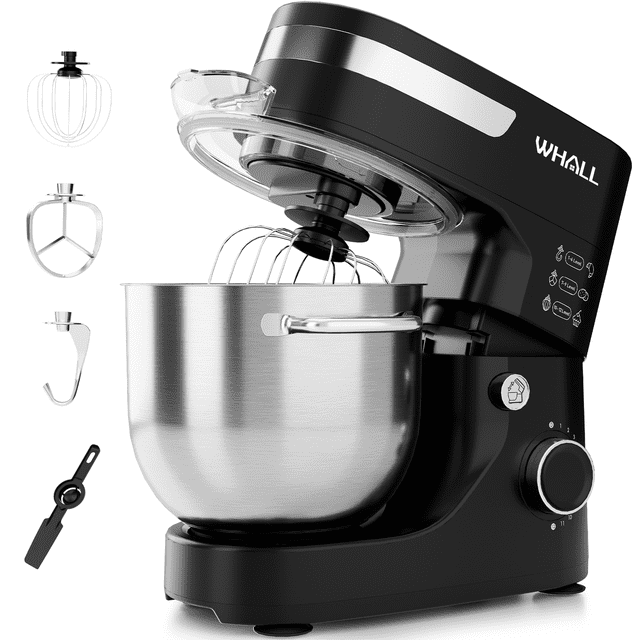 WHALL 12-Speed 5.5 Qt Tilt-Head Stand Mixer, Black with Dough Hook, Wire Whip, Beater,Stainless Steel Bowl