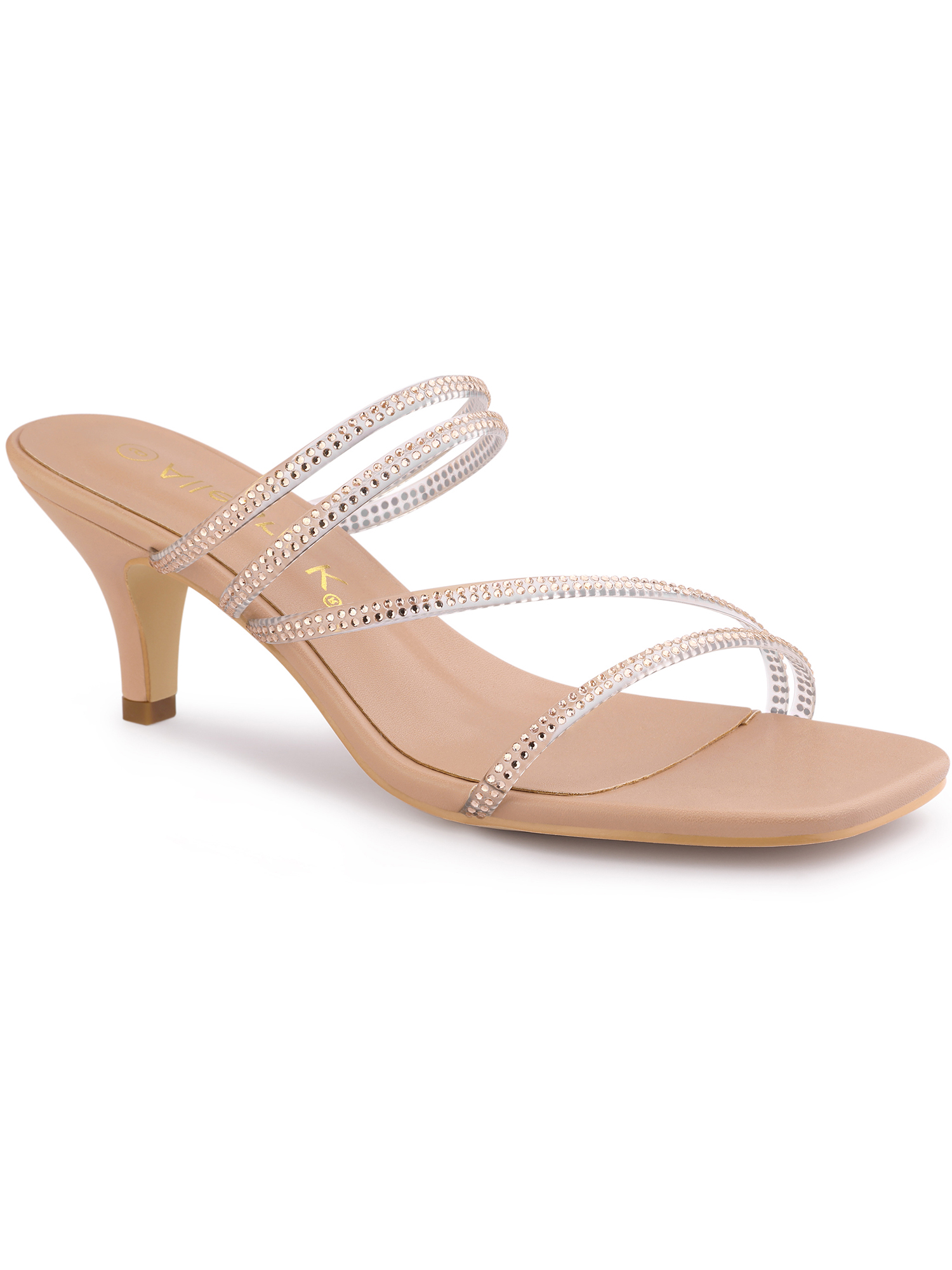 BLISSFUL STEP Women's Slide Sandal Rhinestone Strappy Square Toe Kitten Heel Slide Sandals Nude 7.5