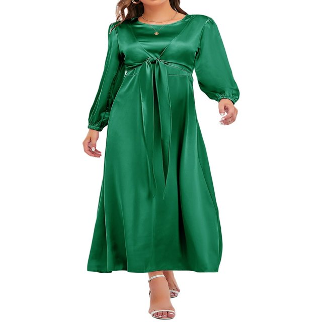 Femmes Automne Midi Robe à Manches Longues Noeud avant Robe en Satin
