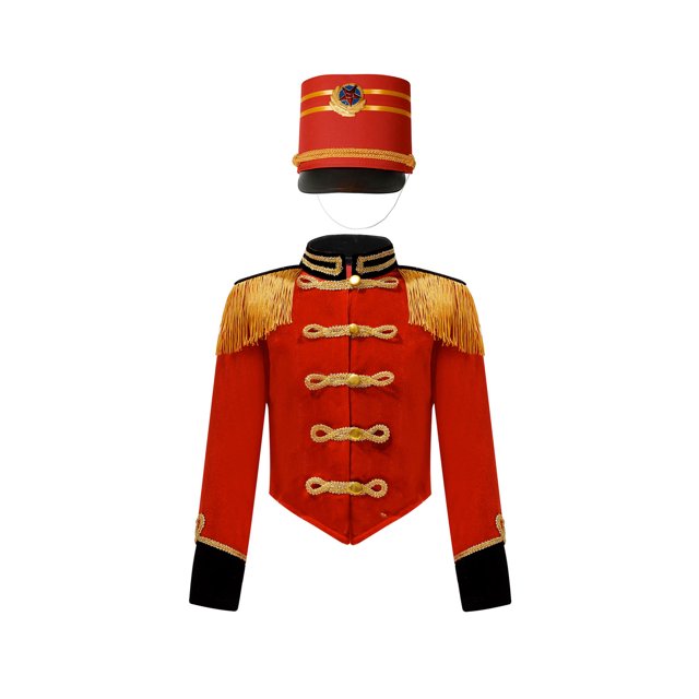 Hansber Uniforme d'Équipe de Tambour-Major pour Garçons, Tenue de Performance de Batteur, une Veste Rouge à Franges avec accents Dorés et Chapeau Assorti. la Veste Présente des Manches Longues, un Col Montant et des Détails de Boutons Décoratifs, Assortie à un Chapeau Structuré Orné d'Un Emblème Doré. Fabriquée en polyester 100 %, Idéale comme costume d'Halloween pour Garçons Ou pour des performances sur Scène, un cosplay Ou des Fêtes à Thème.