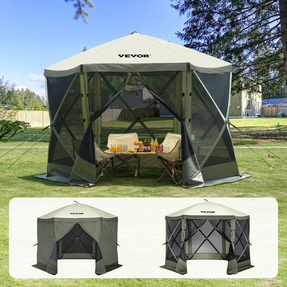 VEVOR 10x10FT Camping Gazebo Screen Tent, Pop Up Gazebo, Pop Up Canopy with Mosquito Netting, 6 Sides Outdoor Screen Tent with Mesh Windows and Portable Carry Bag for Camping, Backyard, Army Green