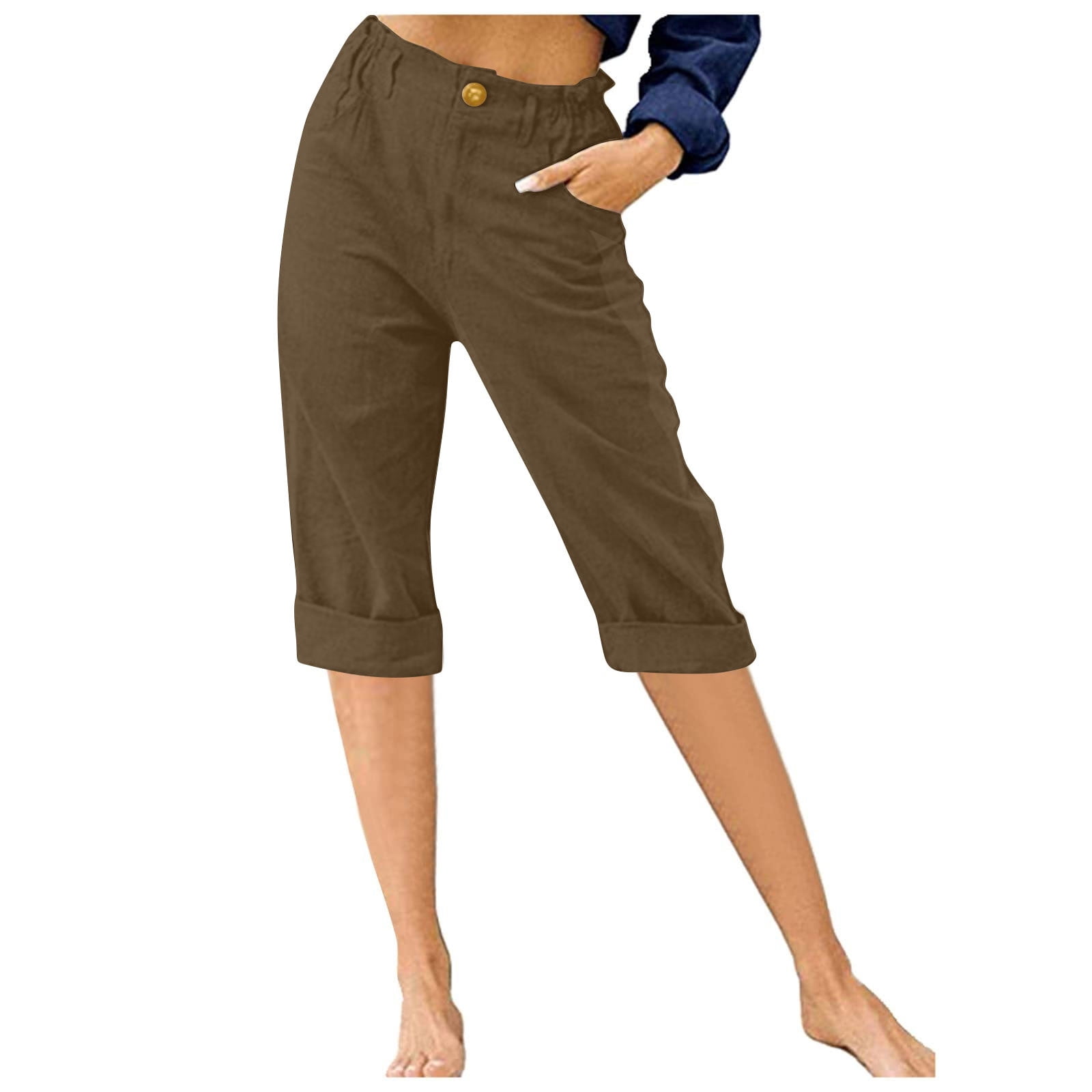 Timegard Cropped Pants for Women Capris Summer Casual Button Ruffle Elastic Waist Solid Color Lounge Pants