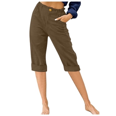 Pisexur Womens Pants Solid Color Hiking Pants High Waisted Linen Pants Knee Length Straight Trousers Casual Baggy Lightweight Capri Pants Elastic Waist Button Gym Athletic Pants with Pockets