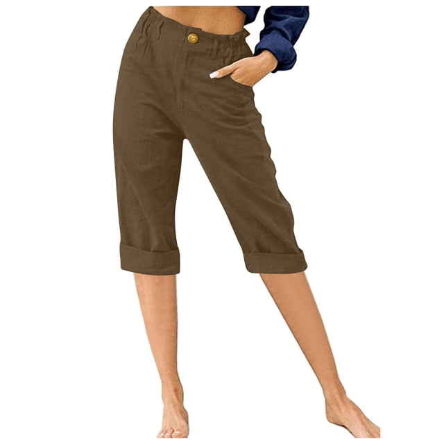 Timegard Cropped Pants for Women Capris Summer Casual Button Ruffle Elastic Waist Solid Color Lounge Pants