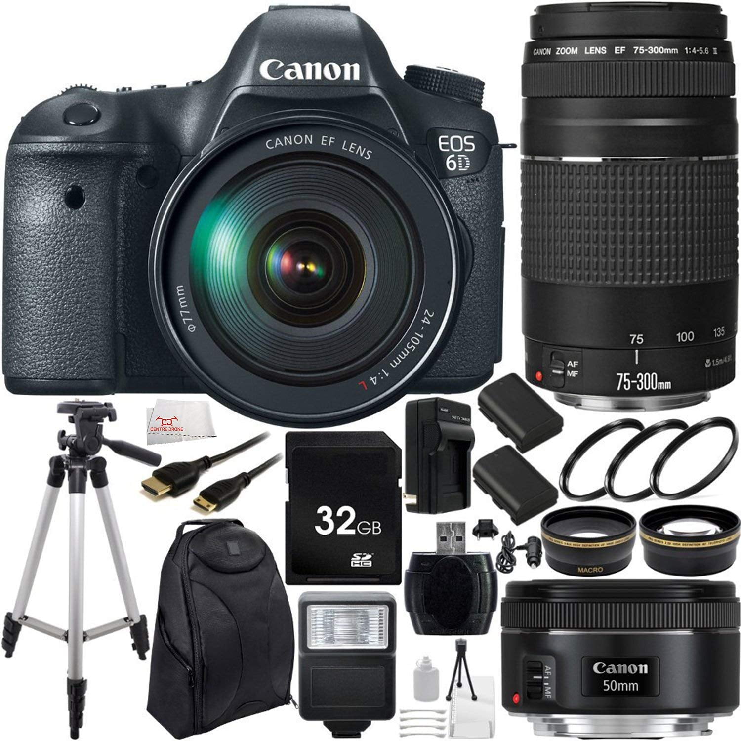 Canon EOS 6D DSLR Camera Triple Lens Kit with Canon 24-105mm, 75