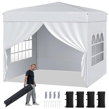 Gymax 10 X 10 FT Pop up Canopy Tent w/ 4 Sidewalls Wheeled Bag 4 Sandbags 8 Stakes White