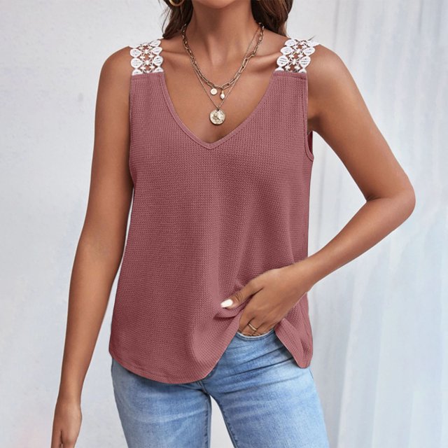 Mode Femmes Décontracté Col en V Sans Manches Dentelle T-shirt Uni Blouse