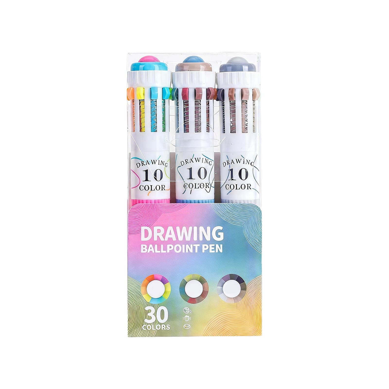 Meitianfacai Multicolor Pen Set, 3-Pack Ballpoint Pens with 10 Colors Each, Soft Grip Barrel and 0.8mm Tip for Writing, Drawing and Color Coding