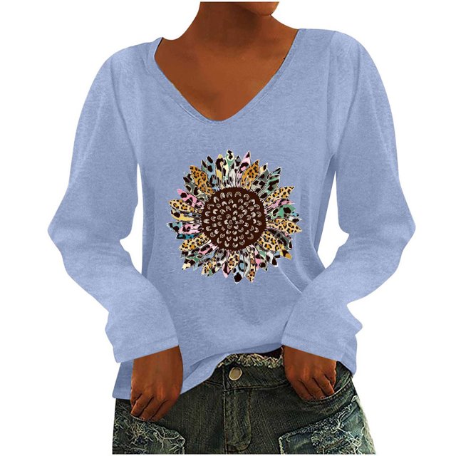 Pompotops T-Shirt à Manches Longues à Col en V Imprimé Décontracté pour Femmes, Chandail, Hauts, Liquidation