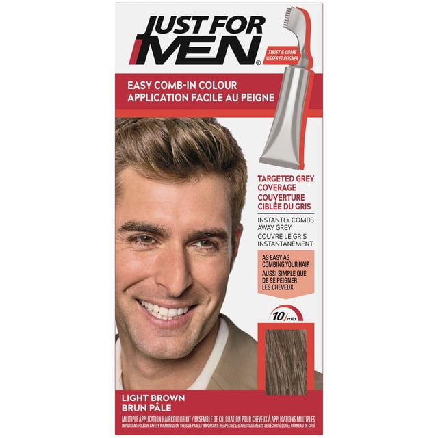 Just For Men Easy Comb-In Light Brown A-25 semi-permanent hair colour packaging with a twist and comb applicator tube for targeted grey coverage. It covers grey hair in 10 minutes with a light brown shade, is ammonia and peroxide free, and applies easily by combing through hair.