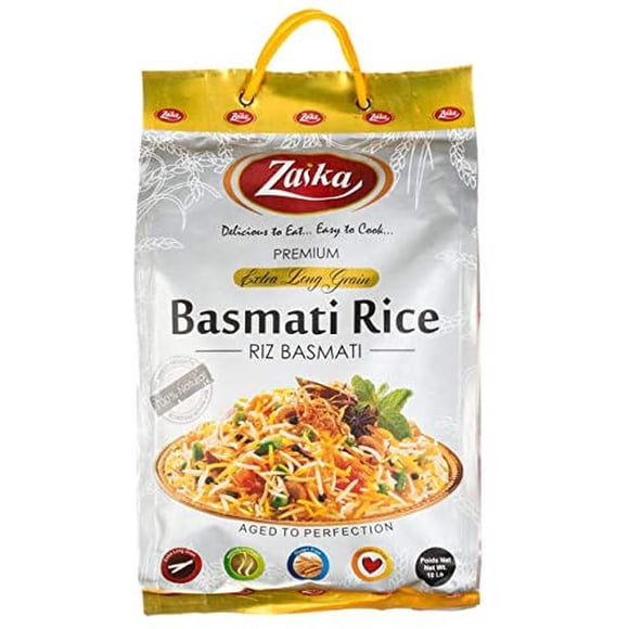 Zaika Premium Riz Basmati 10 Lb, 4,54 kg - Riz Vieilli - Riz Blanc à Grains Extra Longs Cultivé dans les Contreforts de l'Himalaya avec un Goût Traditionnel et un Arôme Magique. Notre Riz Non Collant Facile à Cuisiner.