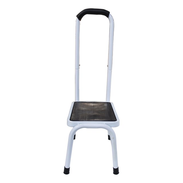 INTBUYING Foot Step Stool Ladder with Comfy Grip Handle in white, made of durable steel Q195 with anti-slip rubber feet and a large non-slip platform. Features a comfortable armrest for added support. Suitable for home improvement tasks like changing light bulbs, reaching cabinets, or washing windows in kitchens, offices, bathrooms, and garages.