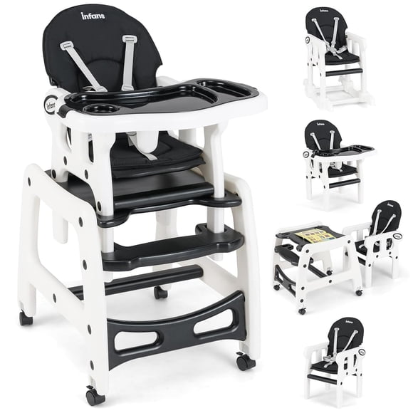 OLAKIDS 5 in 1 Baby High Chair, Convertible Toddler Table Chair Set, Rocking Chair, Multi-Function Seat with Lockable Universal Wheels, Adjustable Seat Back, Removable Trays