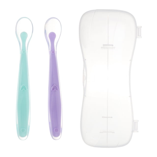MasteelfCA 2pcs Silicone Baby Feeding Spoons with Container Case, including one purple and one green spoon made of food-grade silicone and nylon. Designed for stage one feeding, these spoons feature ergonomic handles for easy scooping and a container case for hygienic storage, ideal for baby utensils and feeding needs.