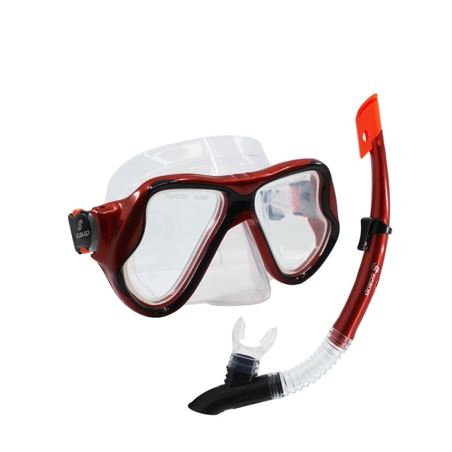 SCAUP Holguin Pro Ensemble de Snorkeling avec Masque de Plongée Rouge avec Verres en Verre Trempé et un Tuba à Dessus Sec. le Masque Comprend une Jupe en silicone à Double Plumes pour la Prévention des Fuites, des Sangles Ajustables et une Grand Sangle en silicone pour le Confort. le Tuba Dispose d'Une valve à Flotteur, d'Un Pare-Éclaboussures, d'Une valve de purge, d'Un Embout en silicone et d'Une Pince pour Masque, Idéal pour la Snorkeling pour Adultes et les Activités Nautiques.