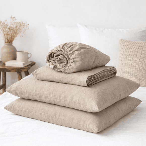 Q VITA Ensemble de Draps 55 % Lin Français 45 % Coton – Grand Lit, Ensemble de Literie 4 Pcs pour Adultes – Couleur Avoine Foncée – Certifié OEKO-TEX, Lavable à la Machine, Conçu au Canada